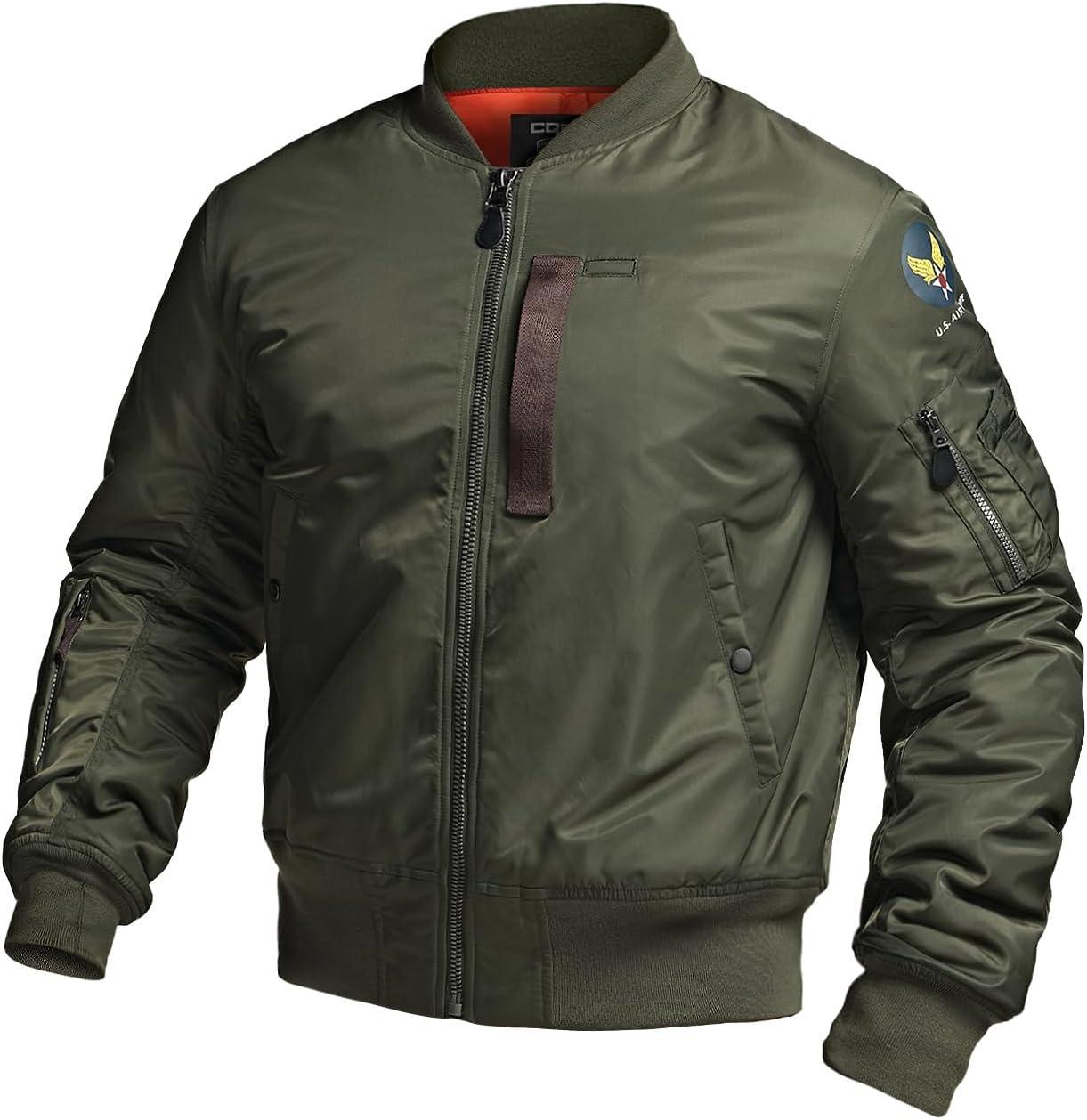 imageCQR Mens Casual Bomber Jacket Outdoor FallWinter ZipUp Windbreaker Water Resistant Padded MA1 Flight Jacket with PocketNavigator Af Army Green