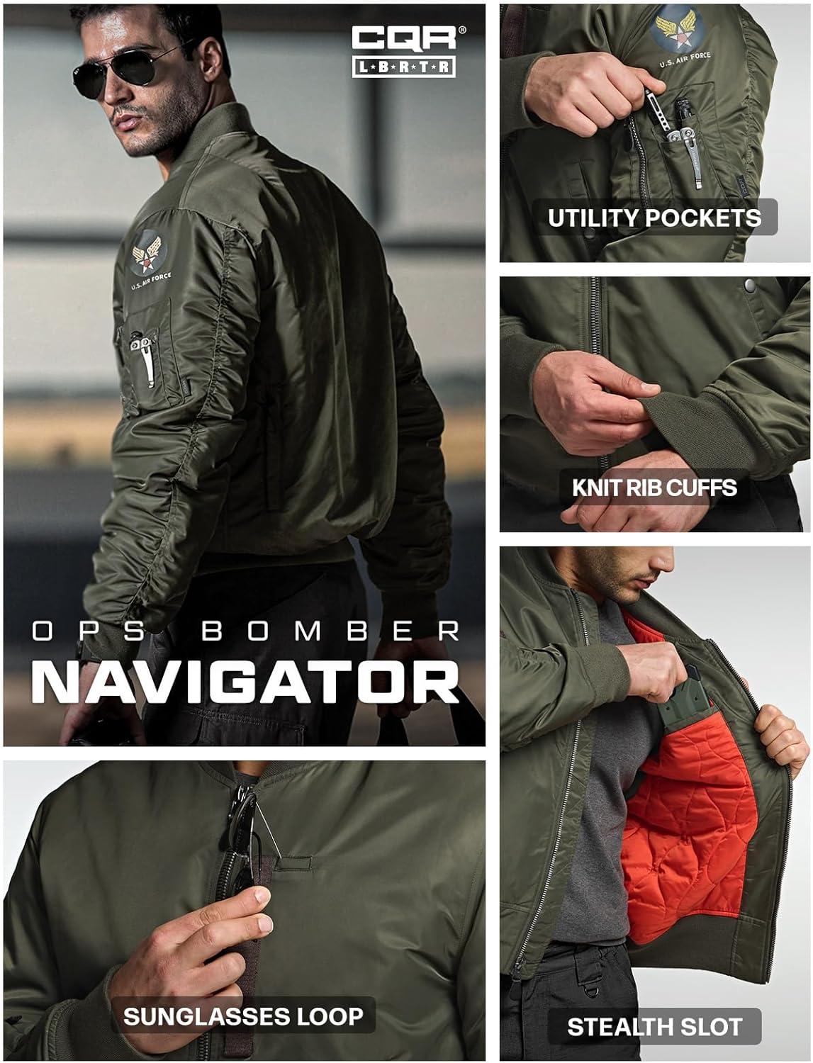 imageCQR Mens Casual Bomber Jacket Outdoor FallWinter ZipUp Windbreaker Water Resistant Padded MA1 Flight Jacket with PocketNavigator Af Army Green