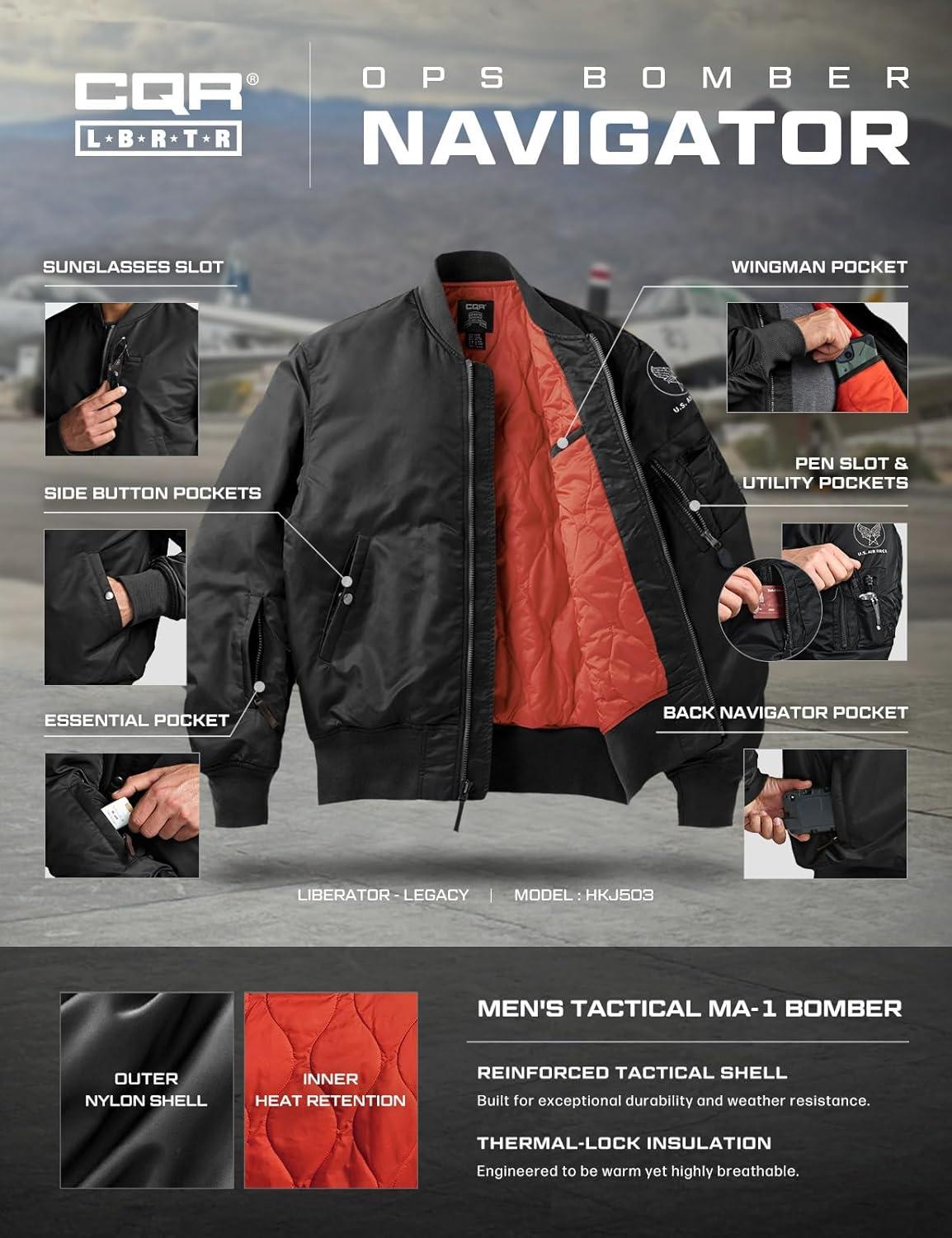 imageCQR Mens Casual Bomber Jacket Outdoor FallWinter ZipUp Windbreaker Water Resistant Padded MA1 Flight Jacket with PocketNavigator Af Black