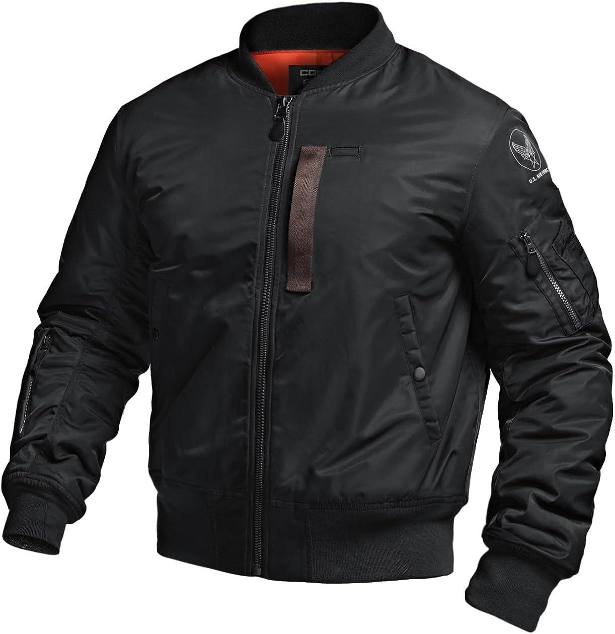 imageCQR Mens Casual Bomber Jacket Outdoor FallWinter ZipUp Windbreaker Water Resistant Padded MA1 Flight Jacket with PocketNavigator Af Black