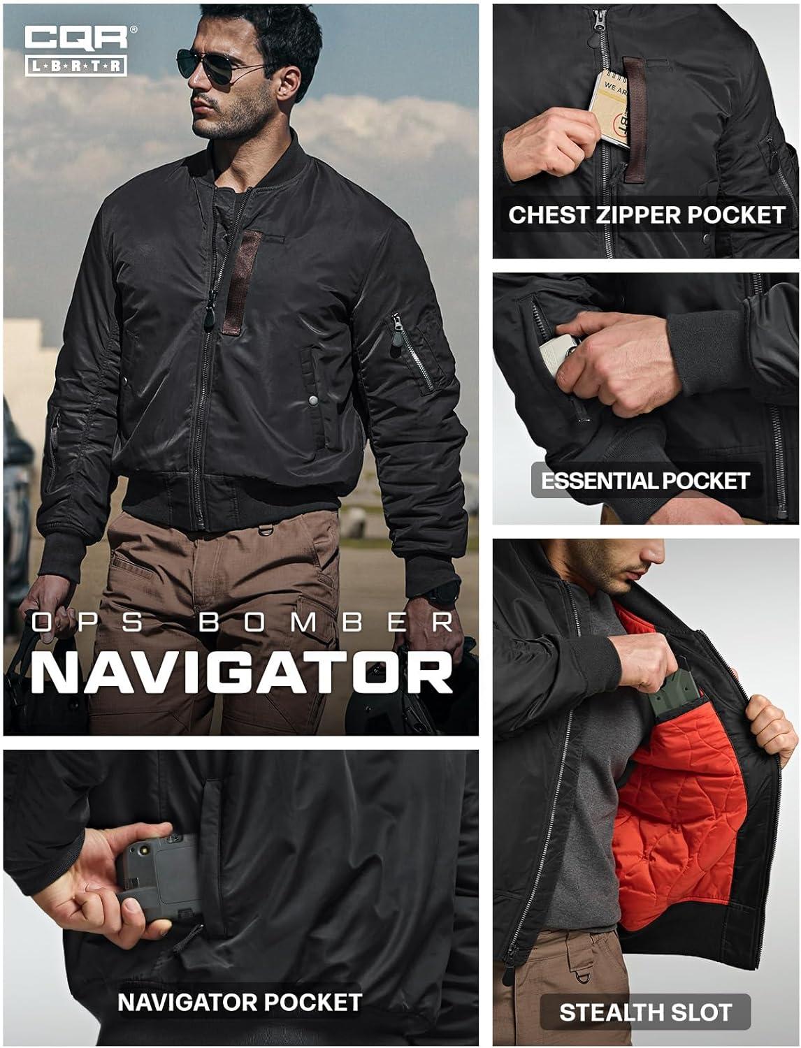 imageCQR Mens Casual Bomber Jacket Outdoor FallWinter ZipUp Windbreaker Water Resistant Padded MA1 Flight Jacket with PocketNavigator Af Black