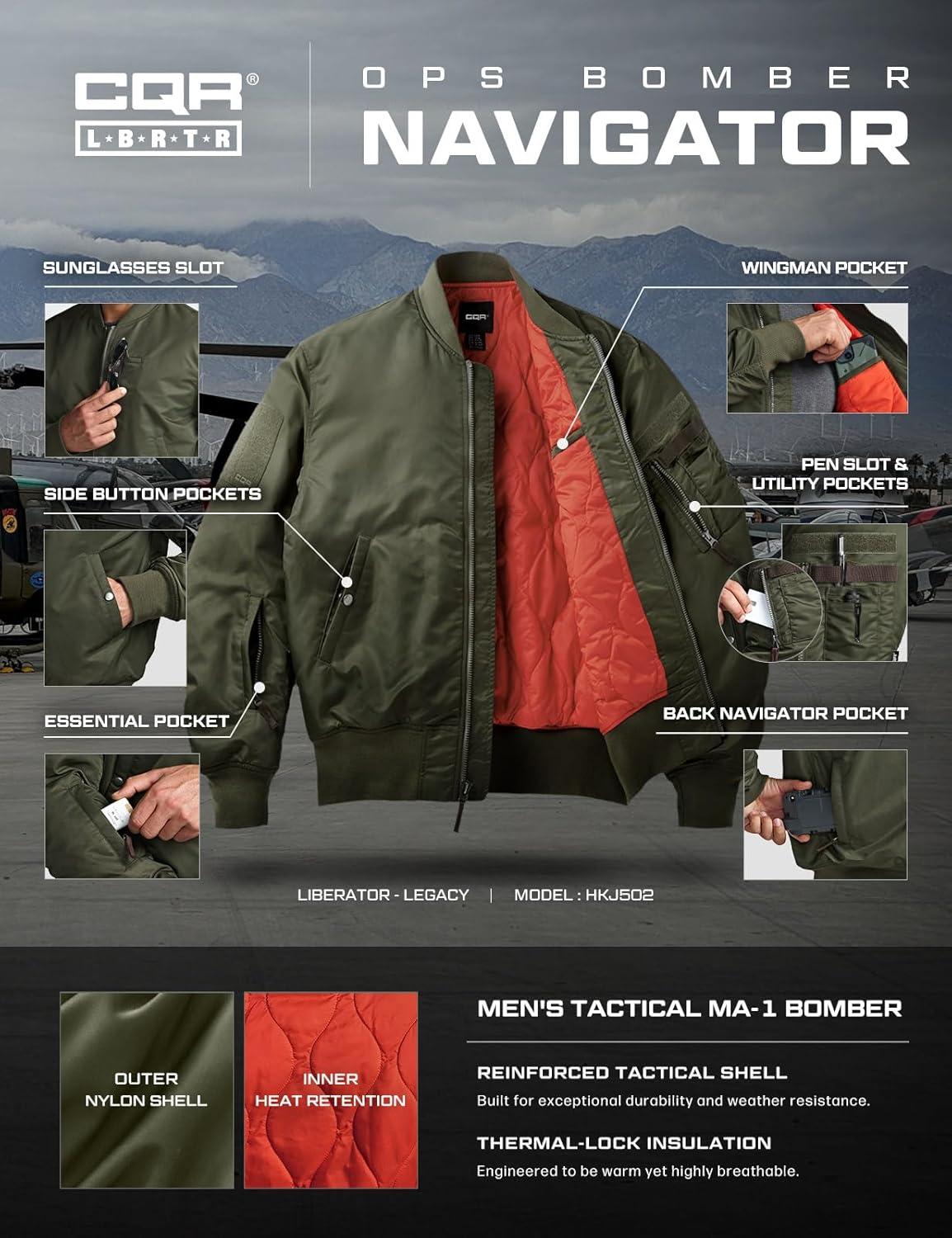 imageCQR Mens Casual Bomber Jacket Outdoor FallWinter ZipUp Windbreaker Water Resistant Padded MA1 Flight Jacket with PocketNavigator Army Green