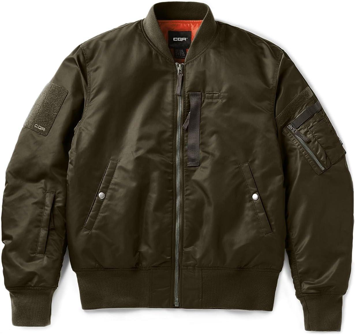 imageCQR Mens Casual Bomber Jacket Outdoor FallWinter ZipUp Windbreaker Water Resistant Padded MA1 Flight Jacket with PocketNavigator Dark Brown