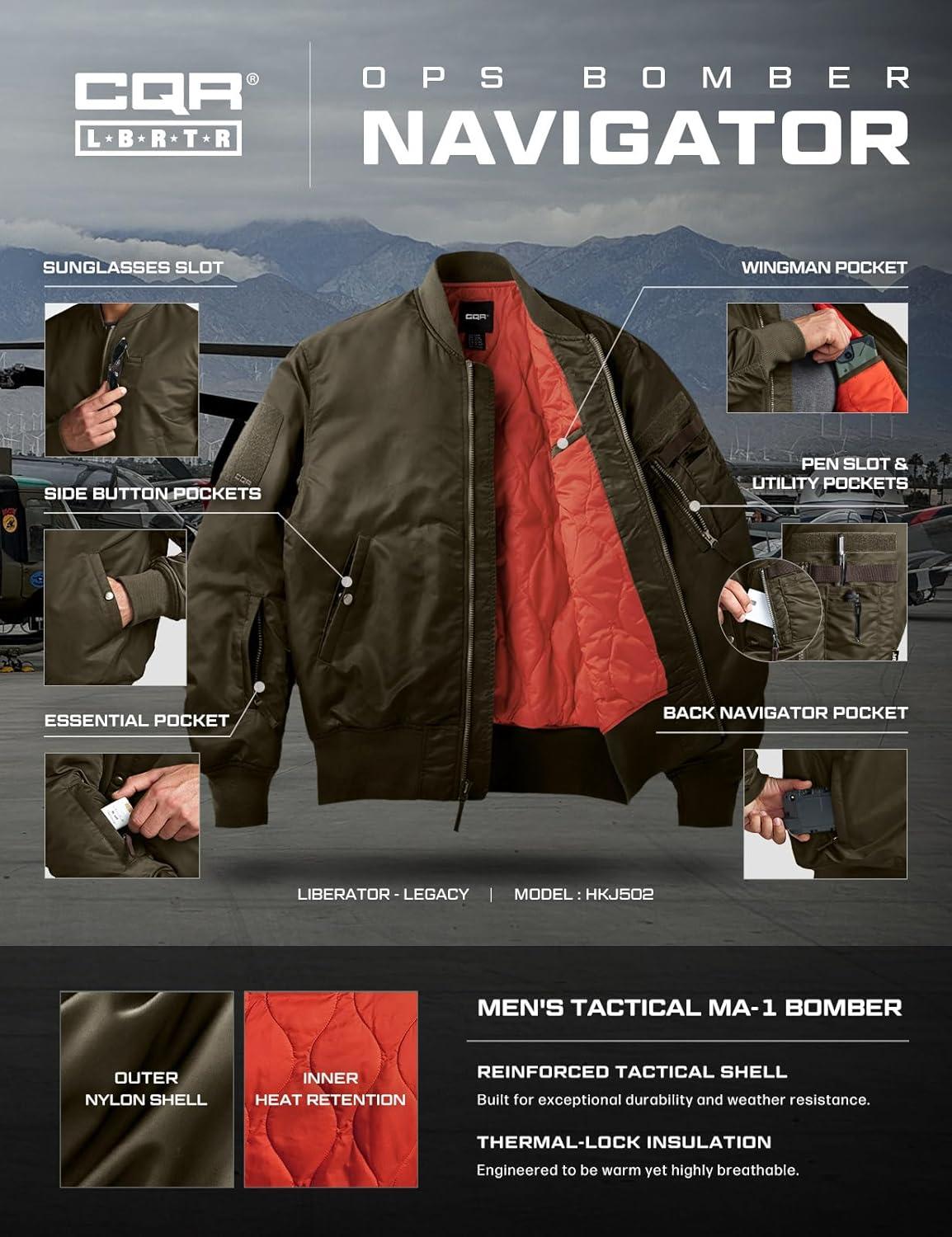 imageCQR Mens Casual Bomber Jacket Outdoor FallWinter ZipUp Windbreaker Water Resistant Padded MA1 Flight Jacket with PocketNavigator Dark Brown