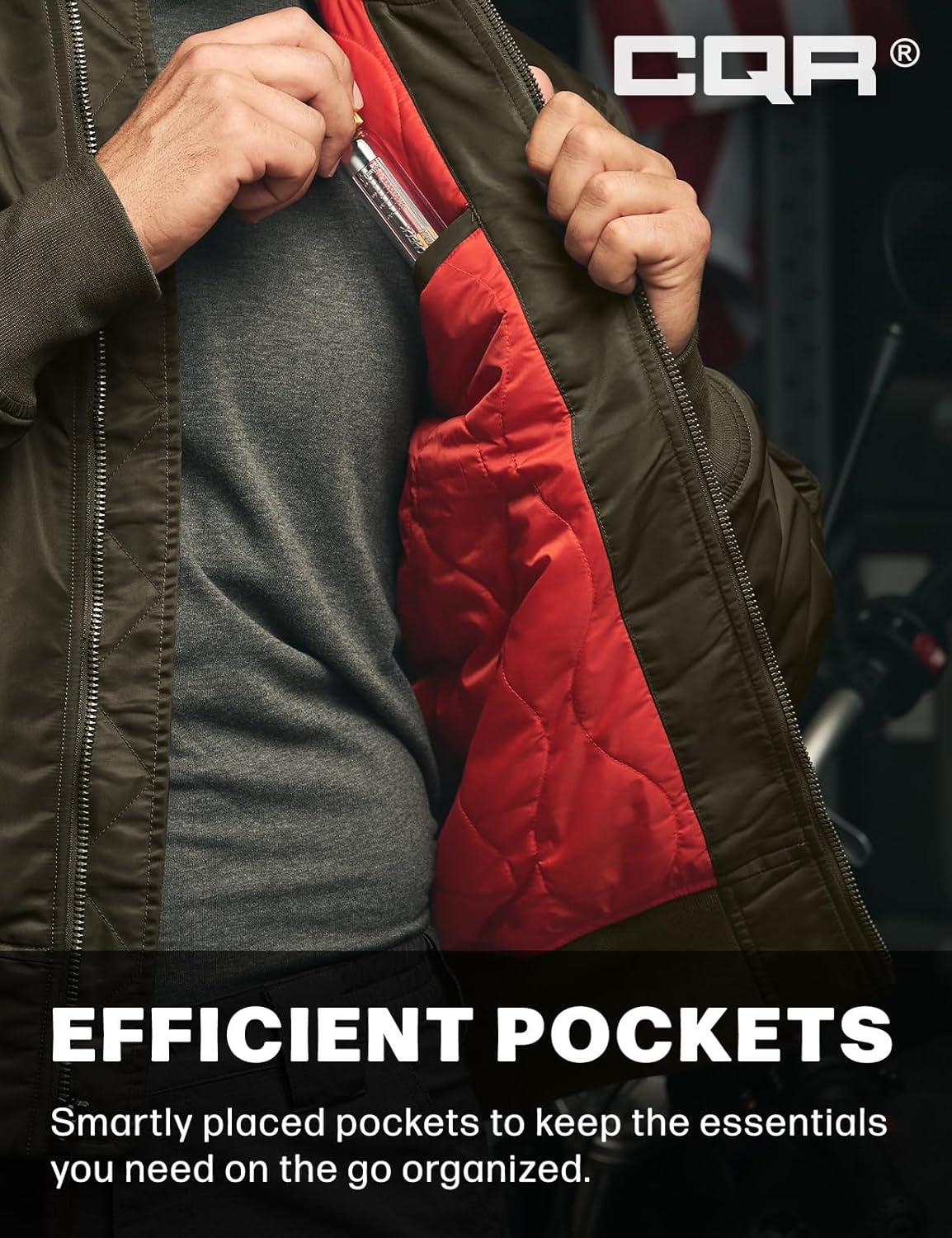 imageCQR Mens Casual Bomber Jacket Outdoor FallWinter ZipUp Windbreaker Water Resistant Padded MA1 Flight Jacket with PocketNavigator Dark Brown