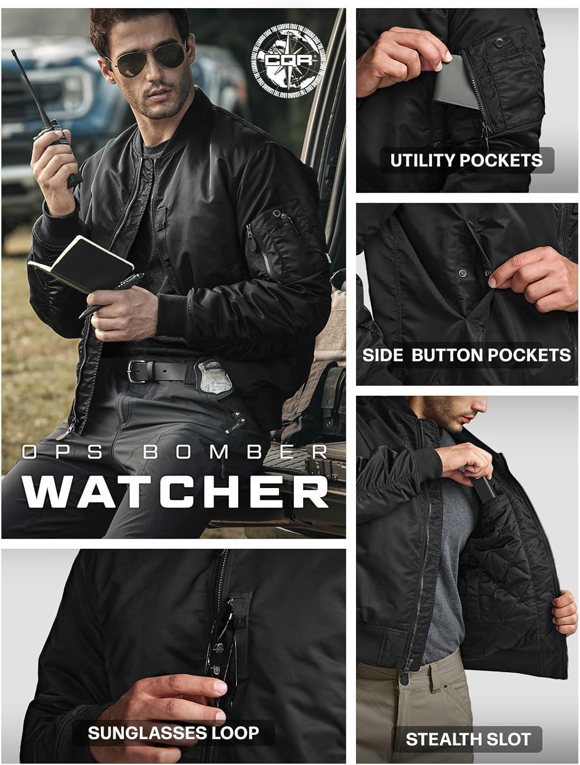 imageCQR Mens Casual Bomber Jacket Outdoor FallWinter ZipUp Windbreaker Water Resistant Padded MA1 Flight Jacket with PocketWatcher Black