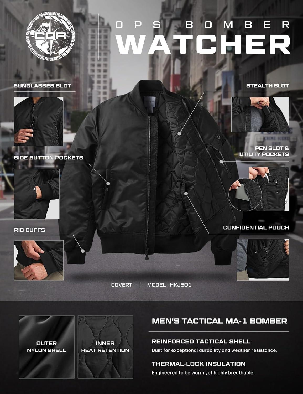 imageCQR Mens Casual Bomber Jacket Outdoor FallWinter ZipUp Windbreaker Water Resistant Padded MA1 Flight Jacket with PocketWatcher Black