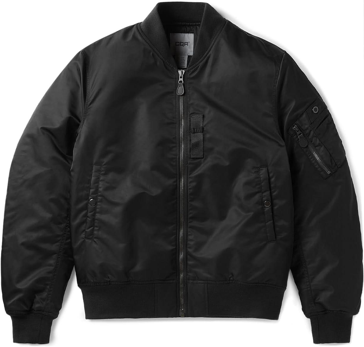 imageCQR Mens Casual Bomber Jacket Outdoor FallWinter ZipUp Windbreaker Water Resistant Padded MA1 Flight Jacket with PocketWatcher Black