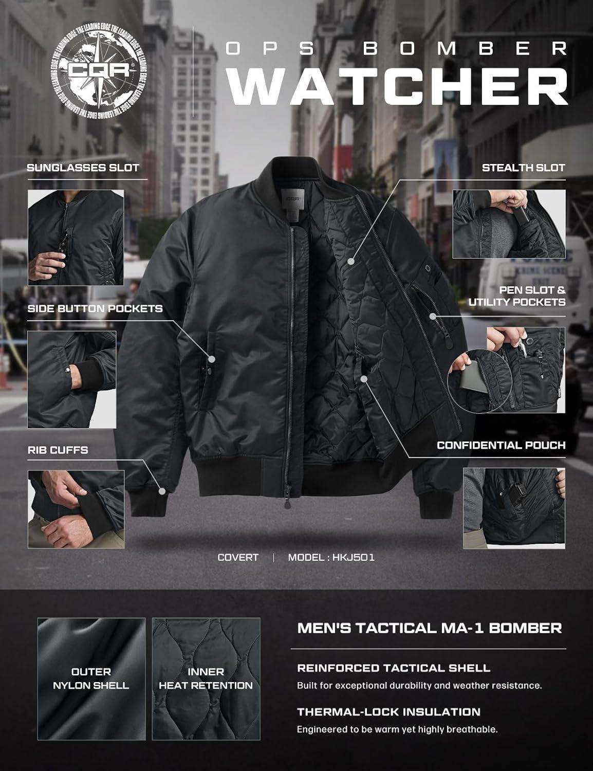 imageCQR Mens Casual Bomber Jacket Outdoor FallWinter ZipUp Windbreaker Water Resistant Padded MA1 Flight Jacket with PocketWatcher Carbon Grey