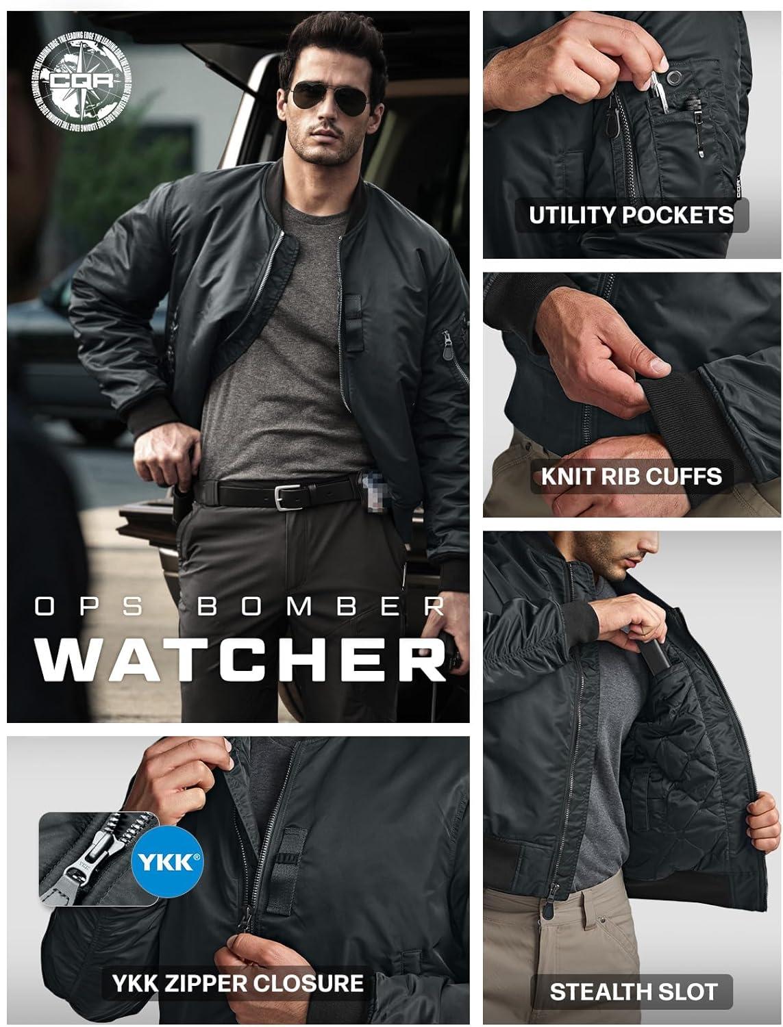 imageCQR Mens Casual Bomber Jacket Outdoor FallWinter ZipUp Windbreaker Water Resistant Padded MA1 Flight Jacket with PocketWatcher Carbon Grey