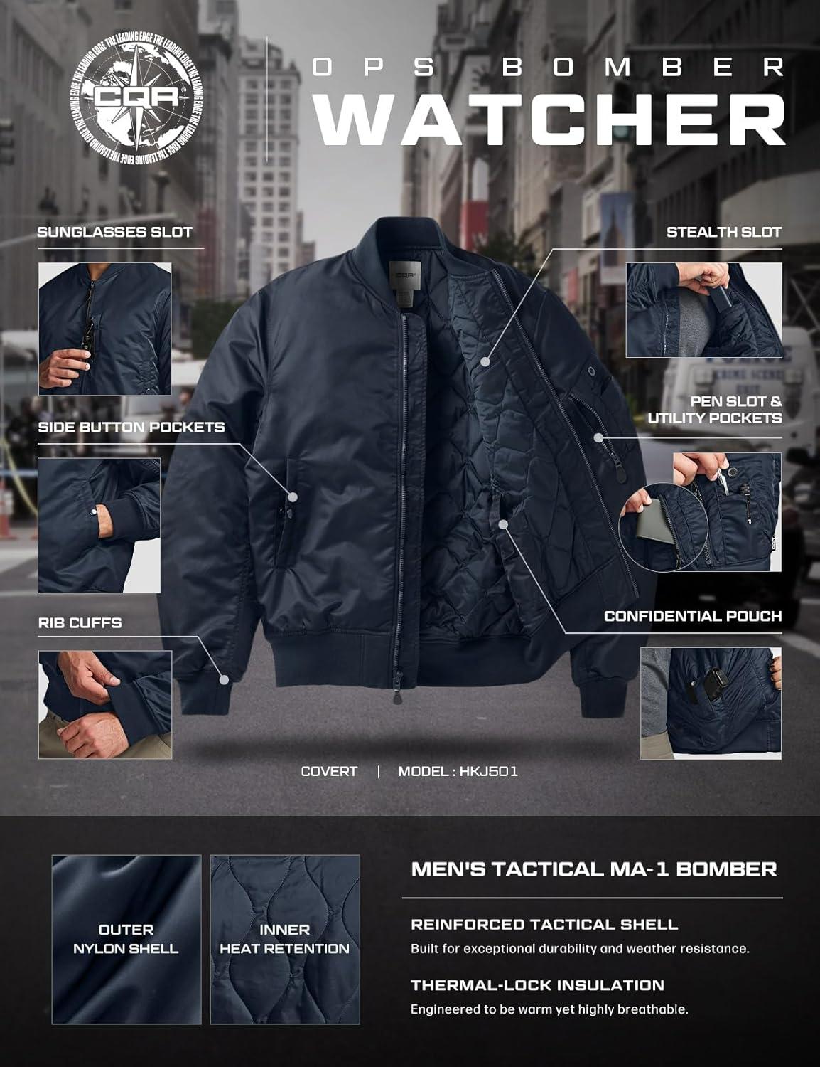 imageCQR Mens Casual Bomber Jacket Outdoor FallWinter ZipUp Windbreaker Water Resistant Padded MA1 Flight Jacket with PocketWatcher Operator Navy