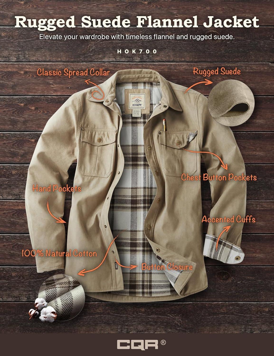 imageCQR Mens Flannel Lined Shirt Jackets Long Sleeved Rugged Plaid Cotton Brushed Suede Shirt JacketFlannel Lined Affogato