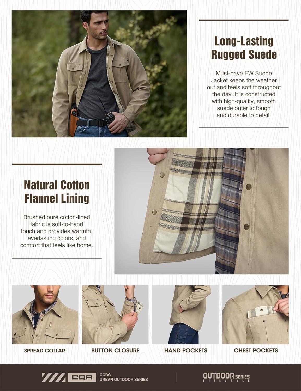 imageCQR Mens Flannel Lined Shirt Jackets Long Sleeved Rugged Plaid Cotton Brushed Suede Shirt JacketFlannel Lined Affogato