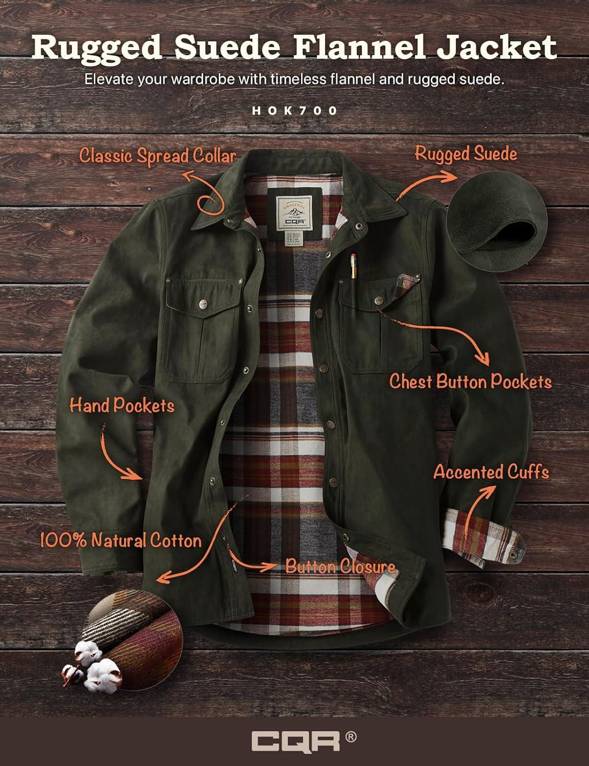 imageCQR Mens Flannel Lined Shirt Jackets Long Sleeved Rugged Plaid Cotton Brushed Suede Shirt JacketFlannel Lined Folk Tale