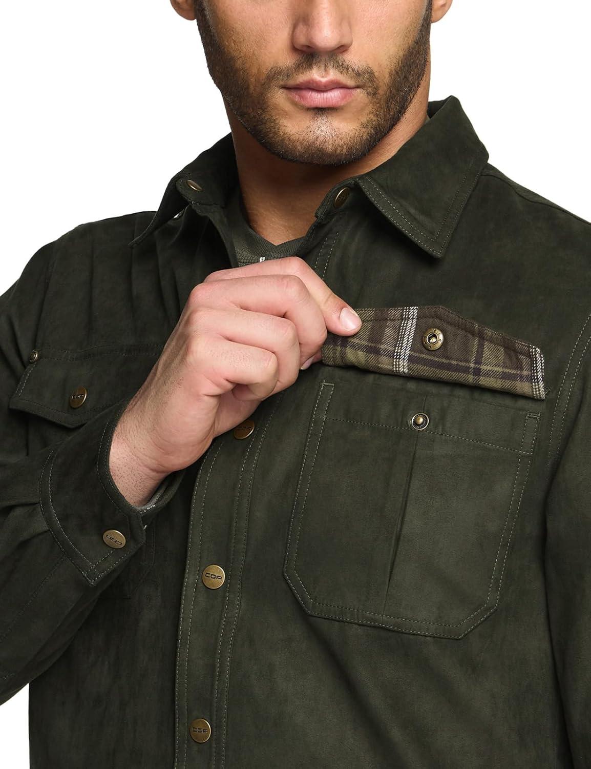 imageCQR Mens Flannel Lined Shirt Jackets Long Sleeved Rugged Plaid Cotton Brushed Suede Shirt JacketFlannel Lined Hickory Green