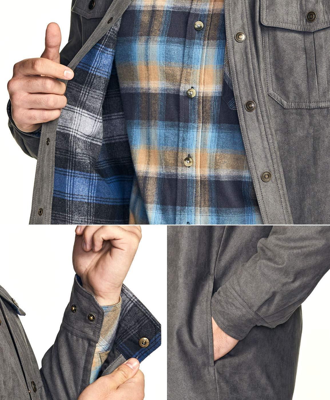 imageCQR Mens Flannel Lined Shirt Jackets Long Sleeved Rugged Plaid Cotton Brushed Suede Shirt JacketFlannel Lined New Shark Grey