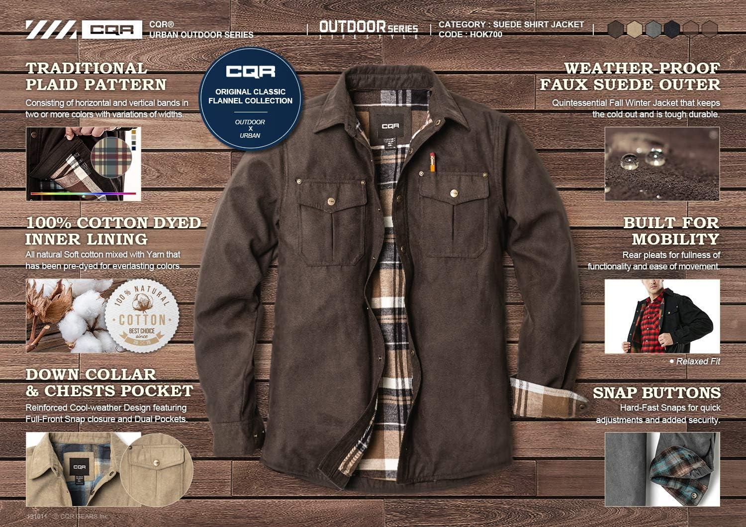 imageCQR Mens Flannel Lined Shirt Jackets Long Sleeved Rugged Plaid Cotton Brushed Suede Shirt JacketFlannel Lined New Shark Grey