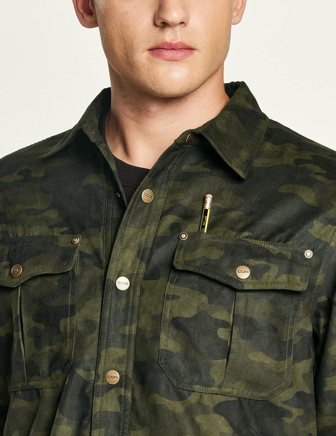 imageCQR Mens Flannel Lined Shirt Jackets Long Sleeved Rugged Plaid Cotton Brushed Suede Shirt JacketFlannel Print Lined Camo Olive