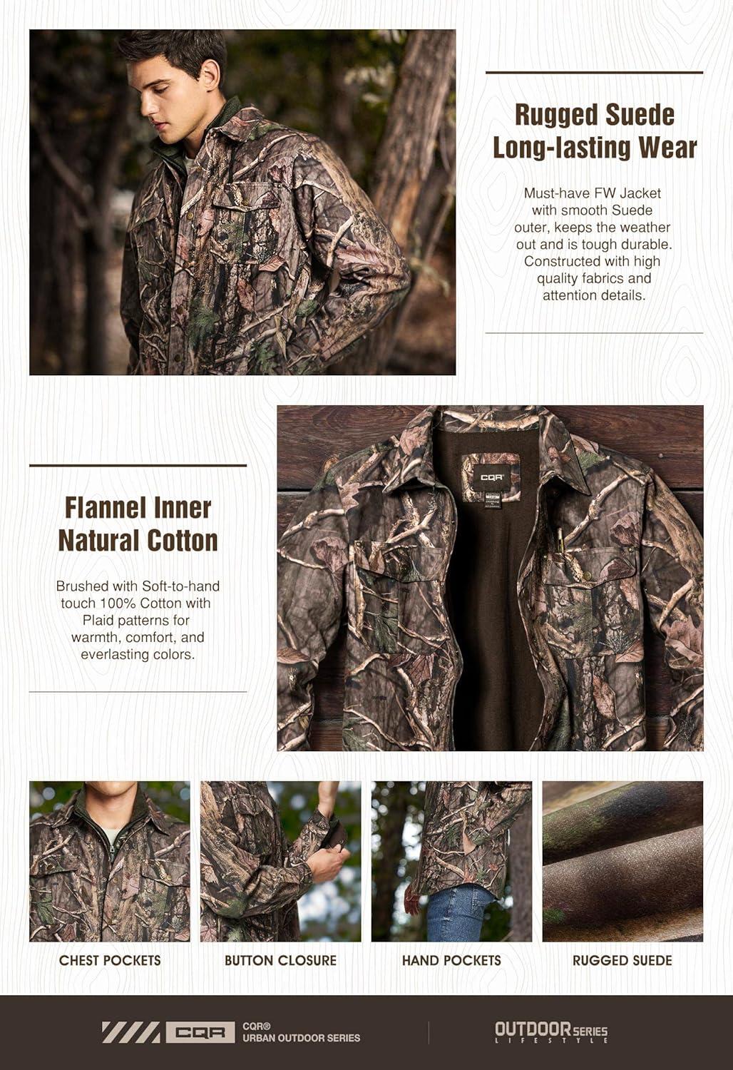 imageCQR Mens Flannel Lined Shirt Jackets Long Sleeved Rugged Plaid Cotton Brushed Suede Shirt JacketFlannel Print Lined Hunting Camo