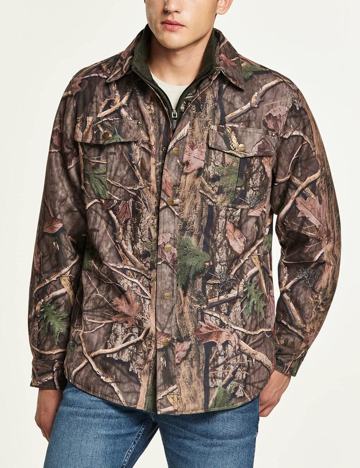 imageCQR Mens Flannel Lined Shirt Jackets Long Sleeved Rugged Plaid Cotton Brushed Suede Shirt JacketFlannel Print Lined Hunting Camo