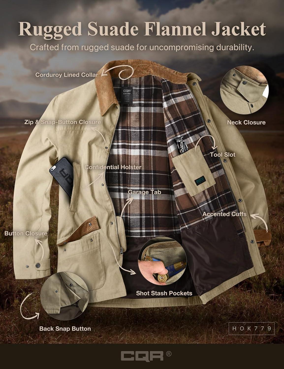imageCQR Mens Flannel Lined Shirt Jackets Long Sleeved Rugged Plaid Cotton Brushed Suede Shirt JacketHuntsman Aged Barrel
