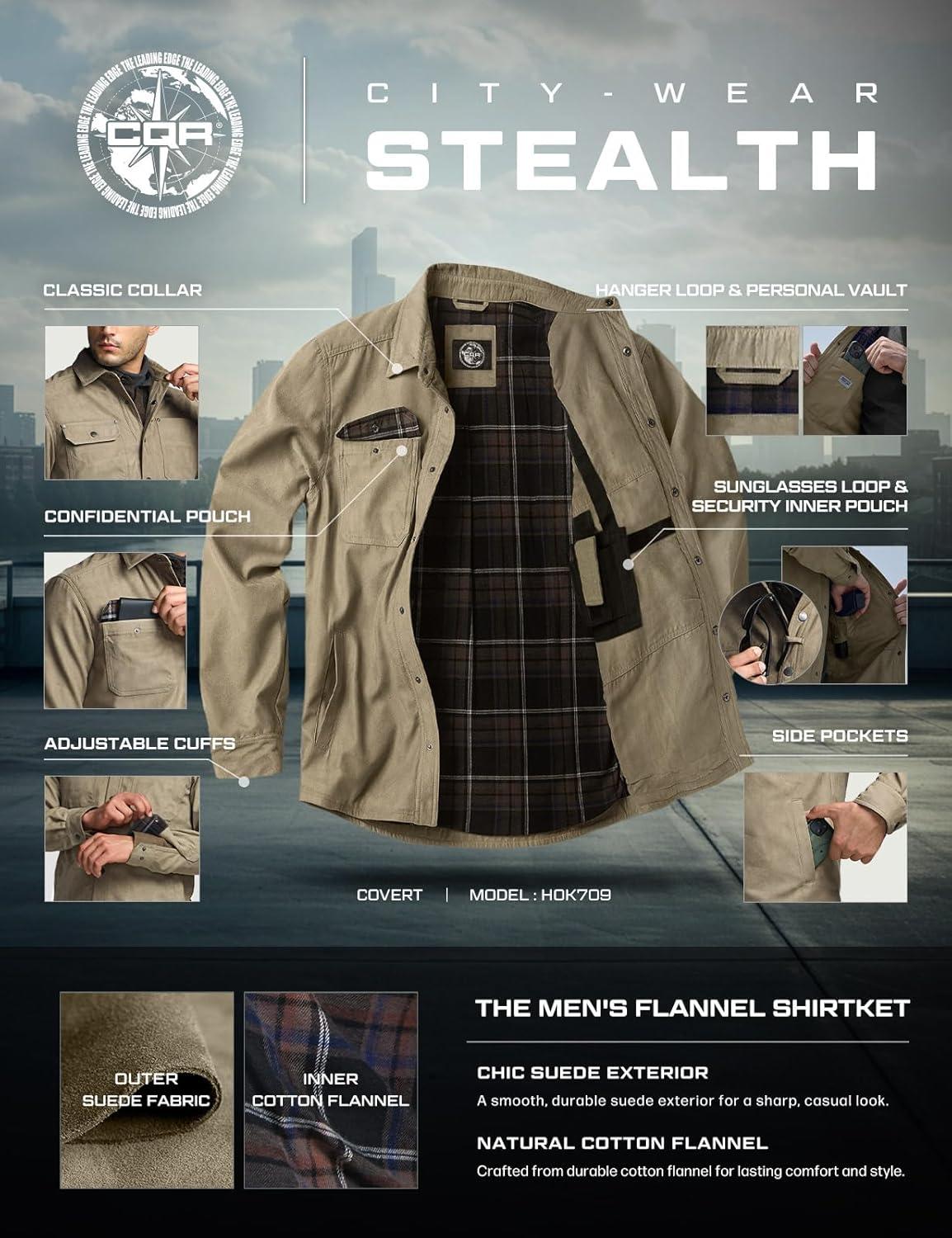 imageCQR Mens Flannel Lined Shirt Jackets Long Sleeved Rugged Plaid Cotton Brushed Suede Shirt JacketStealth Coal Miner