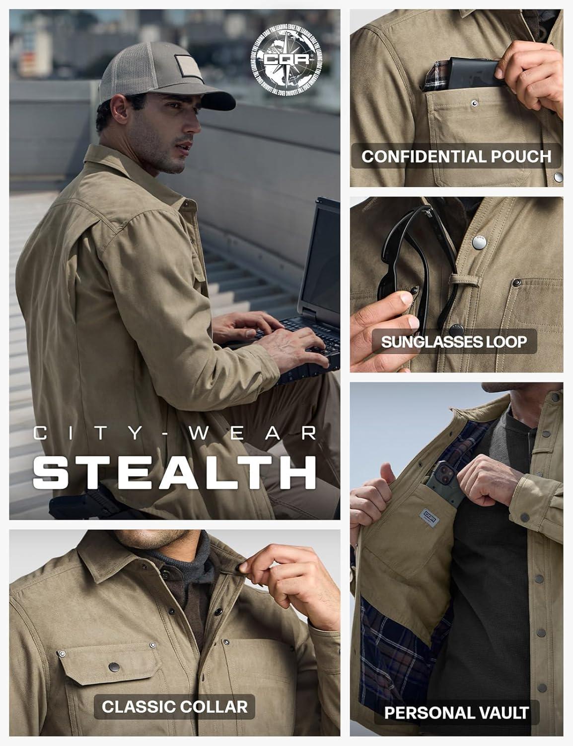 imageCQR Mens Flannel Lined Shirt Jackets Long Sleeved Rugged Plaid Cotton Brushed Suede Shirt JacketStealth Coal Miner