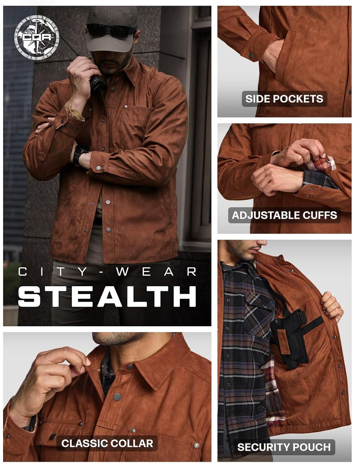 imageCQR Mens Flannel Lined Shirt Jackets Long Sleeved Rugged Plaid Cotton Brushed Suede Shirt JacketStealth Copper Brown Folk Tale
