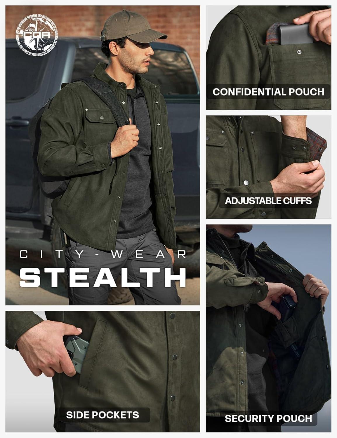 imageCQR Mens Flannel Lined Shirt Jackets Long Sleeved Rugged Plaid Cotton Brushed Suede Shirt JacketStealth Harvest