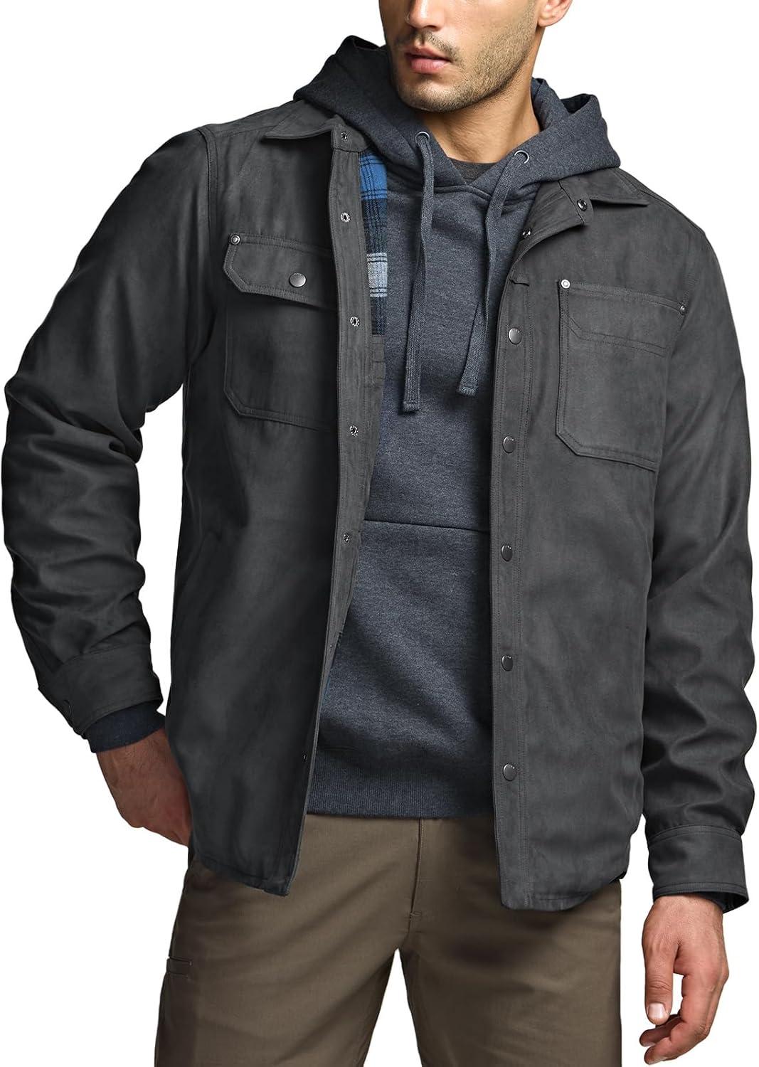 imageCQR Mens Flannel Lined Shirt Jackets Long Sleeved Rugged Plaid Cotton Brushed Suede Shirt JacketStealth Night Sky