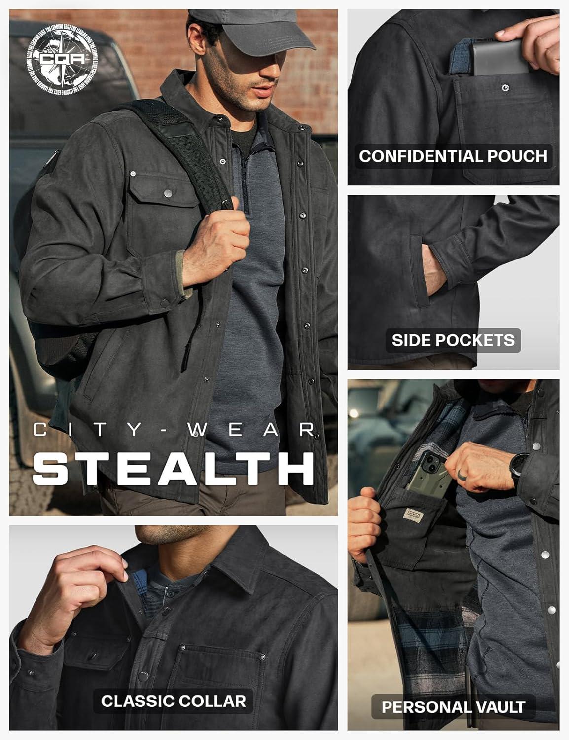 imageCQR Mens Flannel Lined Shirt Jackets Long Sleeved Rugged Plaid Cotton Brushed Suede Shirt JacketStealth Night Sky