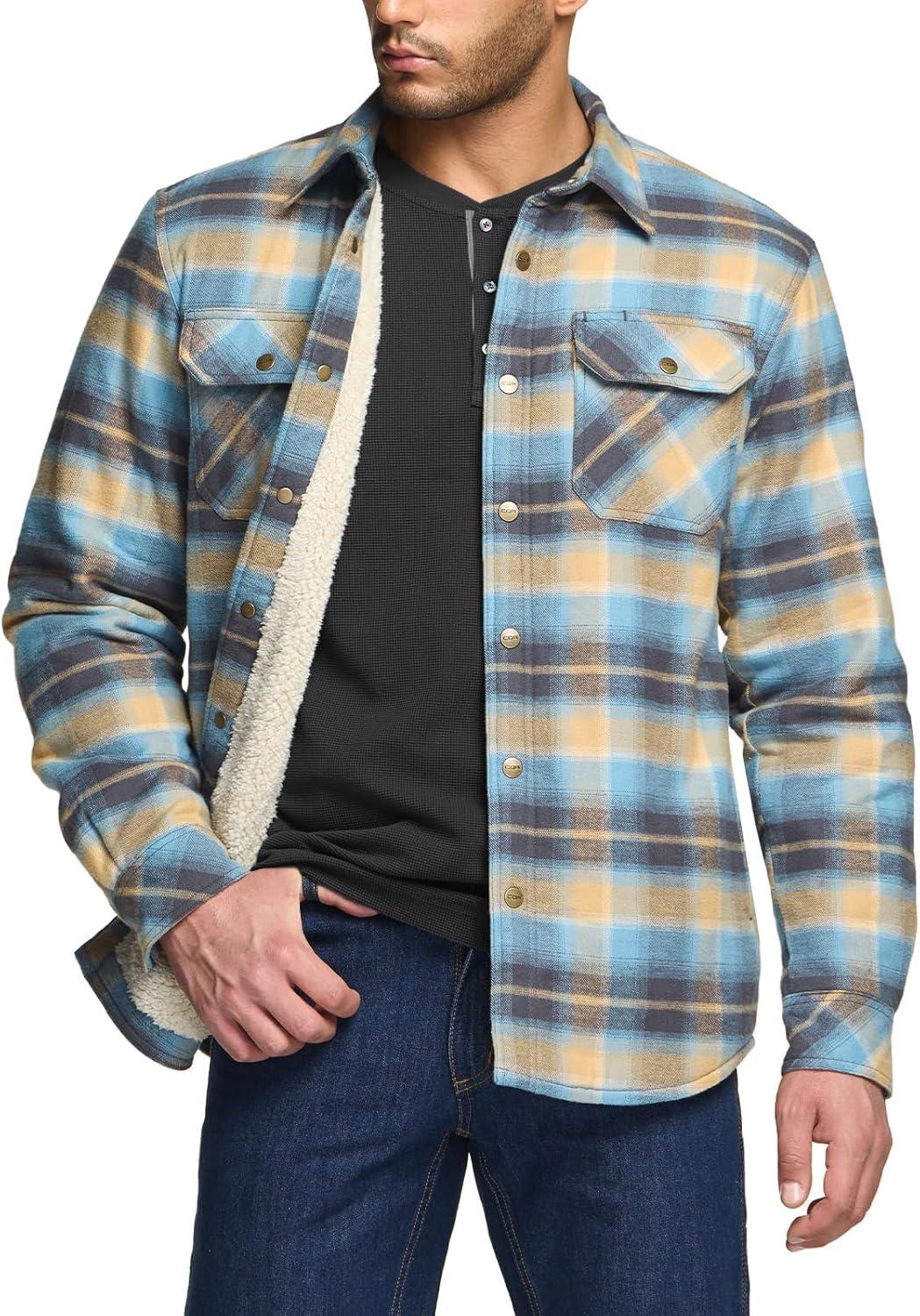 imageCQR Mens Sherpa Lined Cotton Flannel Shirt Jacket Long Sleeve Warm Winter Outdoor Plaid Button Up Jacket Coat with PocketsSherpa Lined Seashore