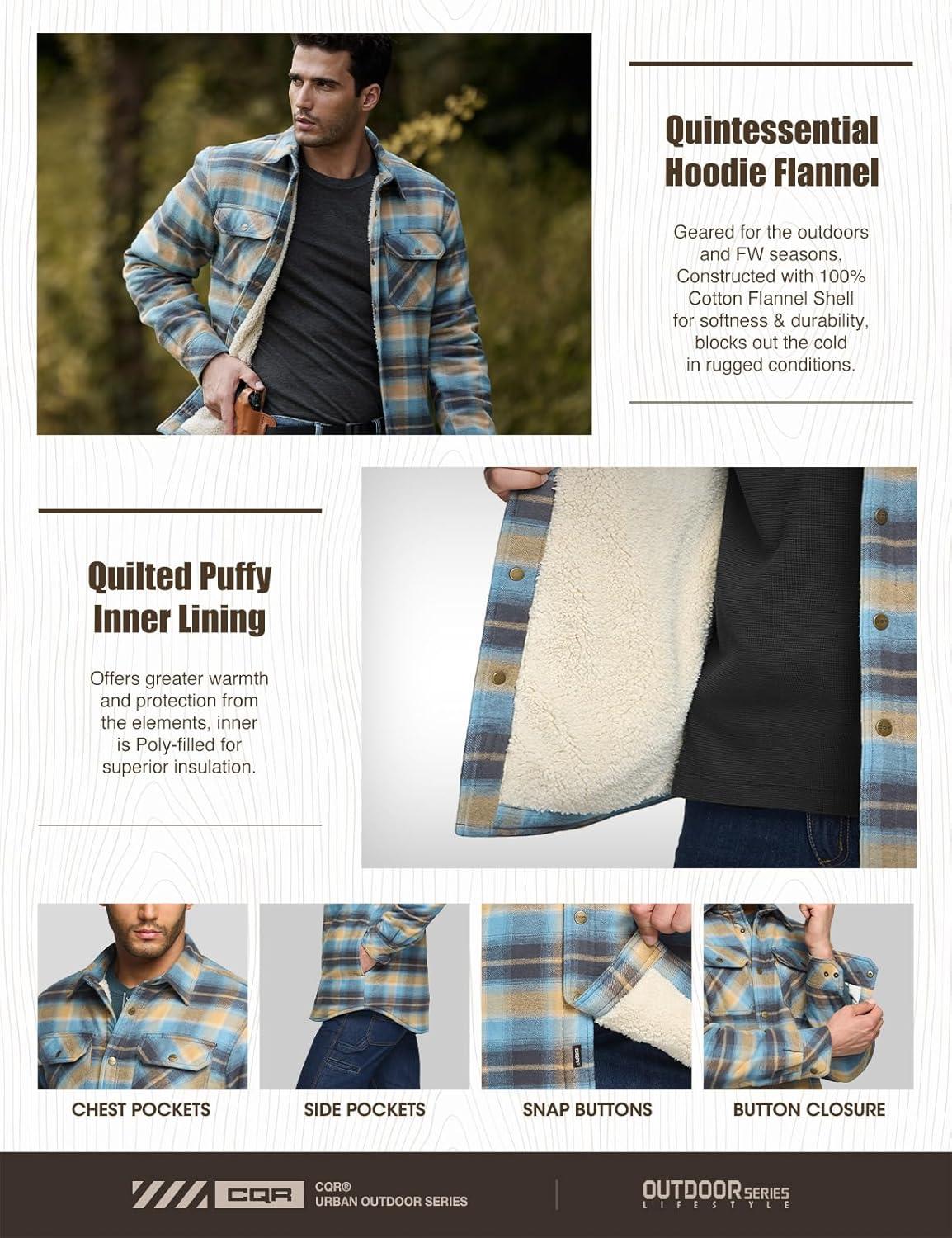 imageCQR Mens Sherpa Lined Cotton Flannel Shirt Jacket Long Sleeve Warm Winter Outdoor Plaid Button Up Jacket Coat with PocketsSherpa Lined Seashore