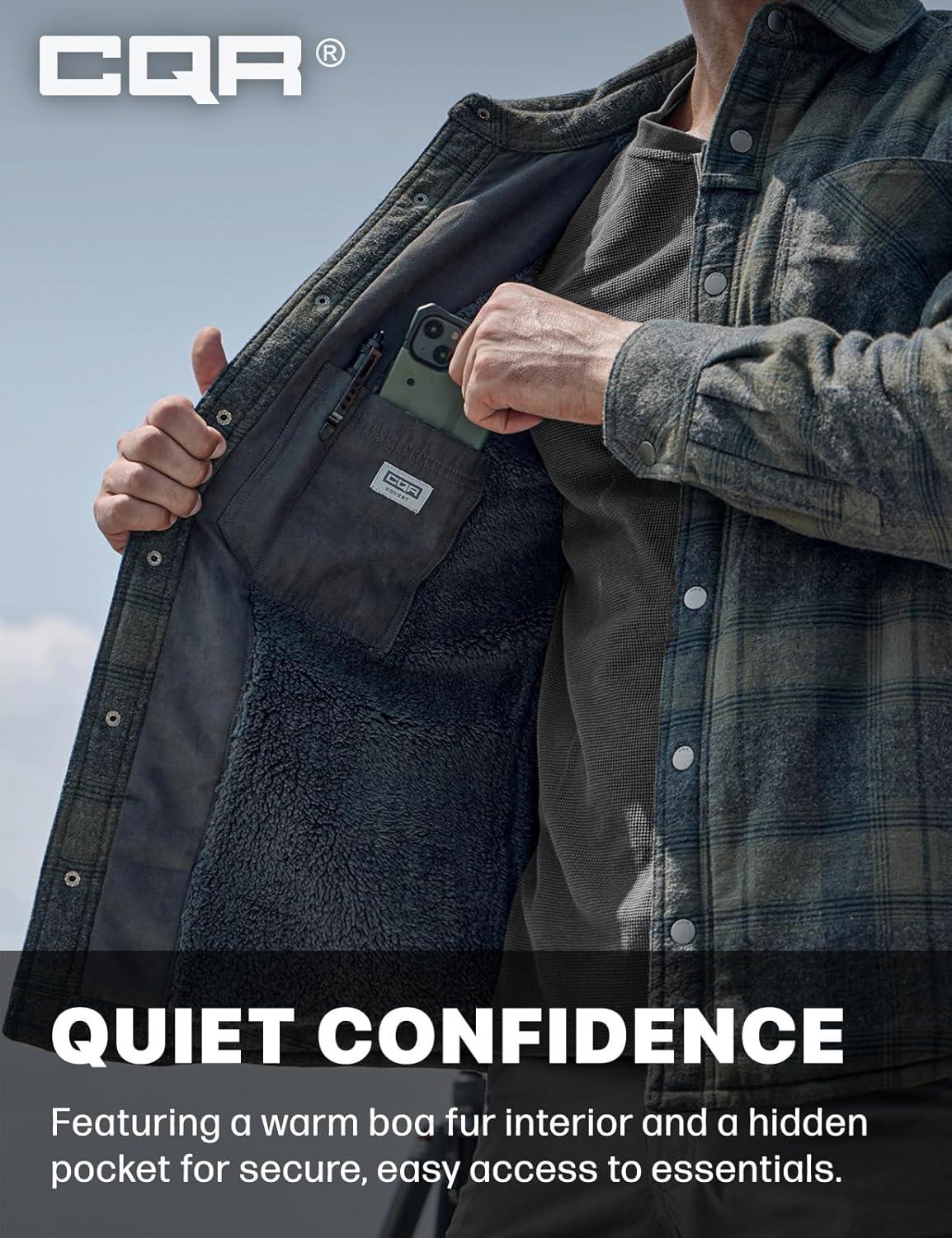 imageCQR Mens Sherpa Lined Cotton Flannel Shirt Jacket Long Sleeve Warm Winter Outdoor Plaid Button Up Jacket Coat with PocketsStealth Amazon Grey
