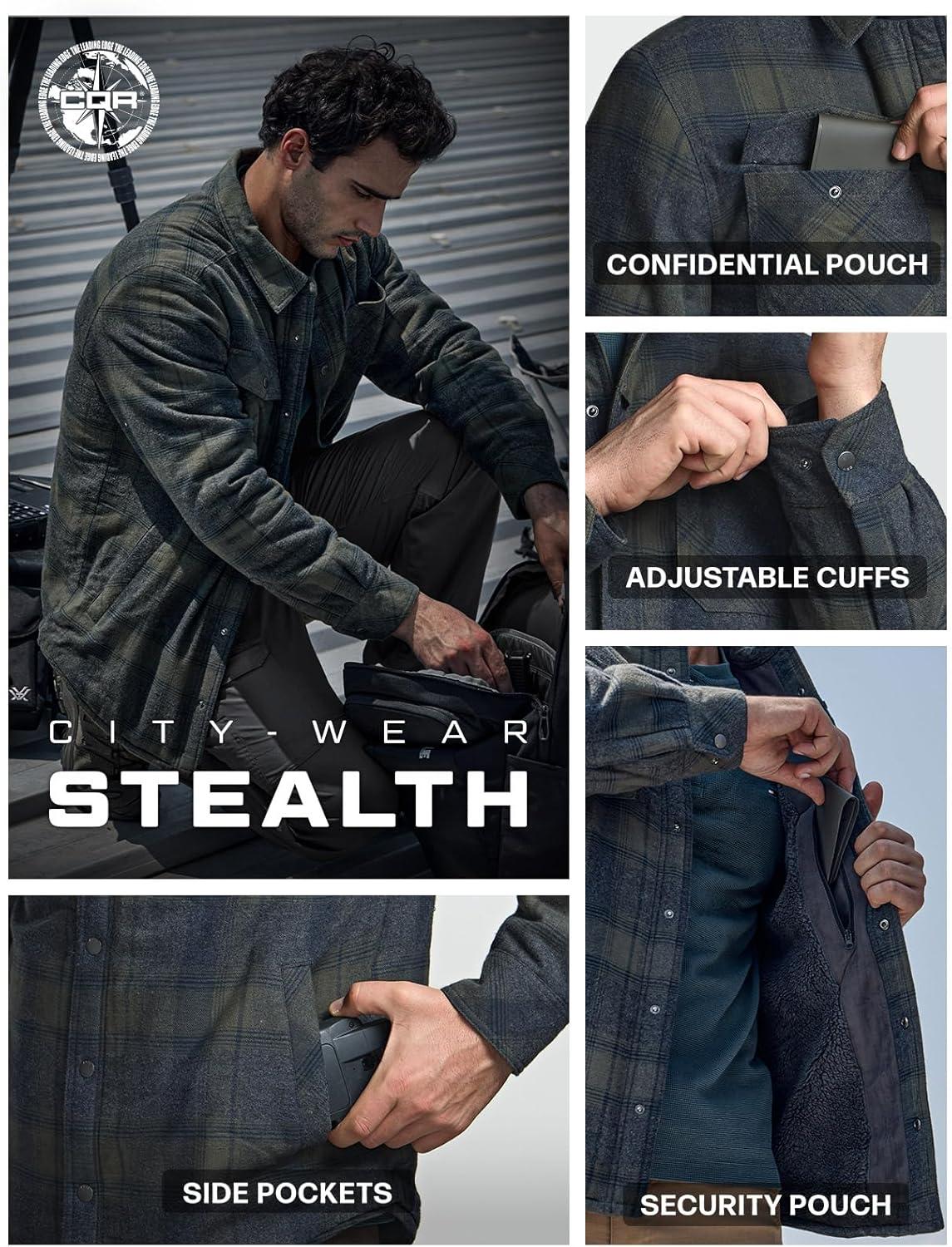 imageCQR Mens Sherpa Lined Cotton Flannel Shirt Jacket Long Sleeve Warm Winter Outdoor Plaid Button Up Jacket Coat with PocketsStealth Amazon Grey