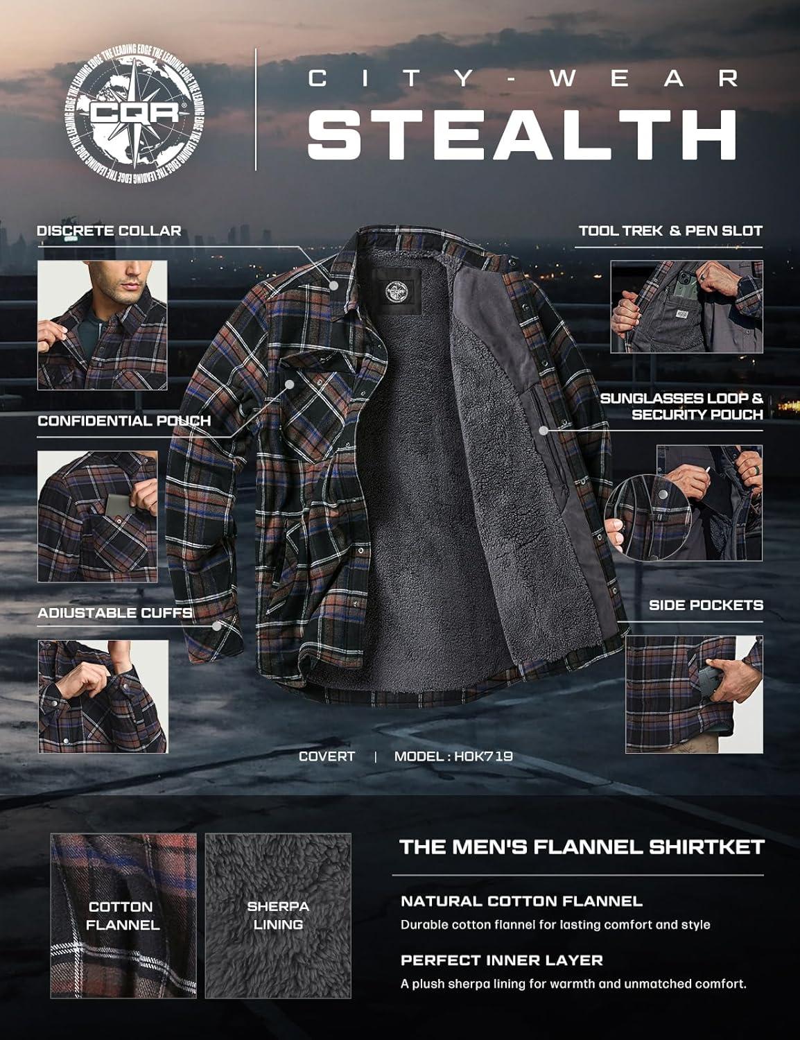 imageCQR Mens Sherpa Lined Cotton Flannel Shirt Jacket Long Sleeve Warm Winter Outdoor Plaid Button Up Jacket Coat with PocketsStealth Coal Miner