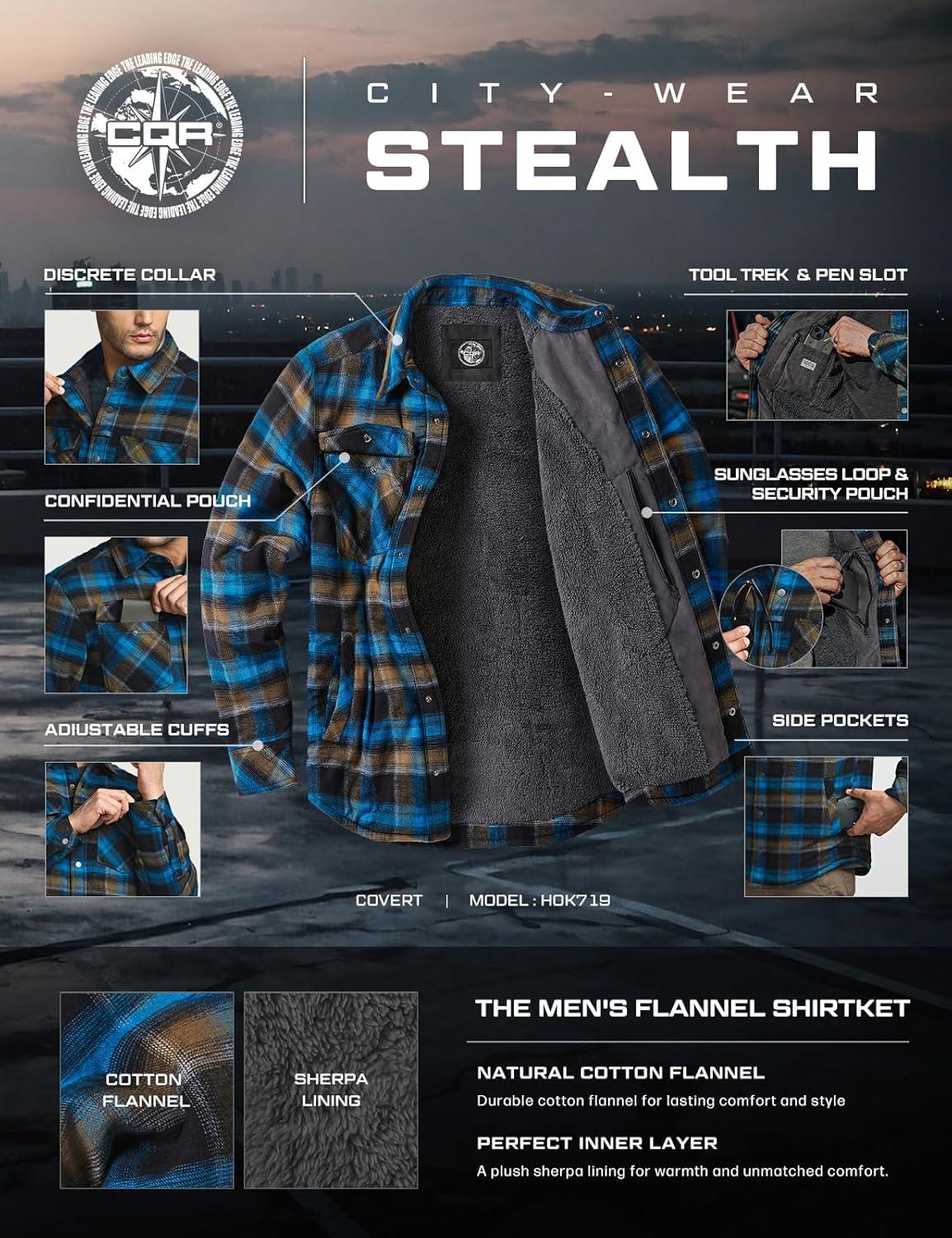 imageCQR Mens Sherpa Lined Cotton Flannel Shirt Jacket Long Sleeve Warm Winter Outdoor Plaid Button Up Jacket Coat with PocketsStealth Forest Oasis