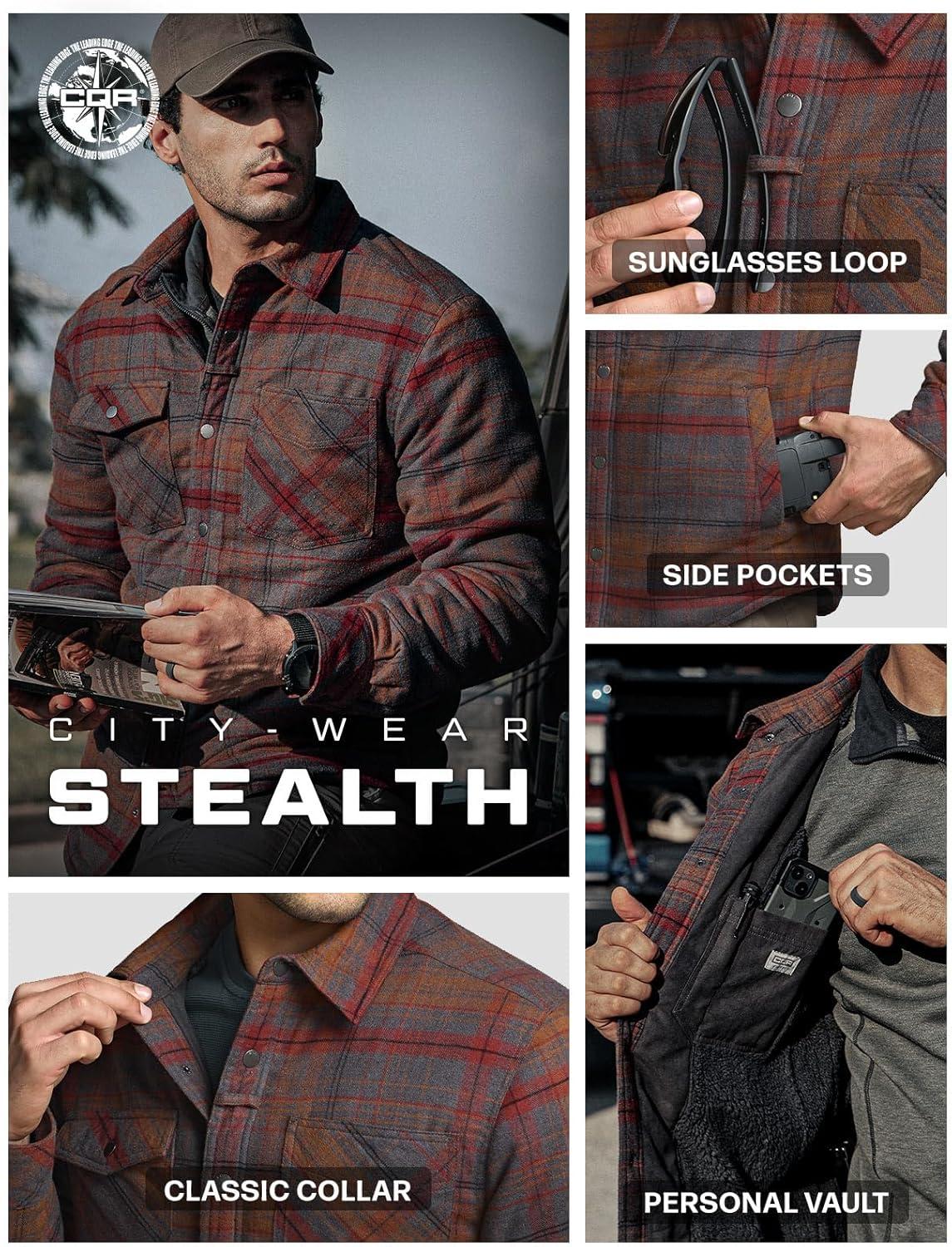imageCQR Mens Sherpa Lined Cotton Flannel Shirt Jacket Long Sleeve Warm Winter Outdoor Plaid Button Up Jacket Coat with PocketsStealth Harvest