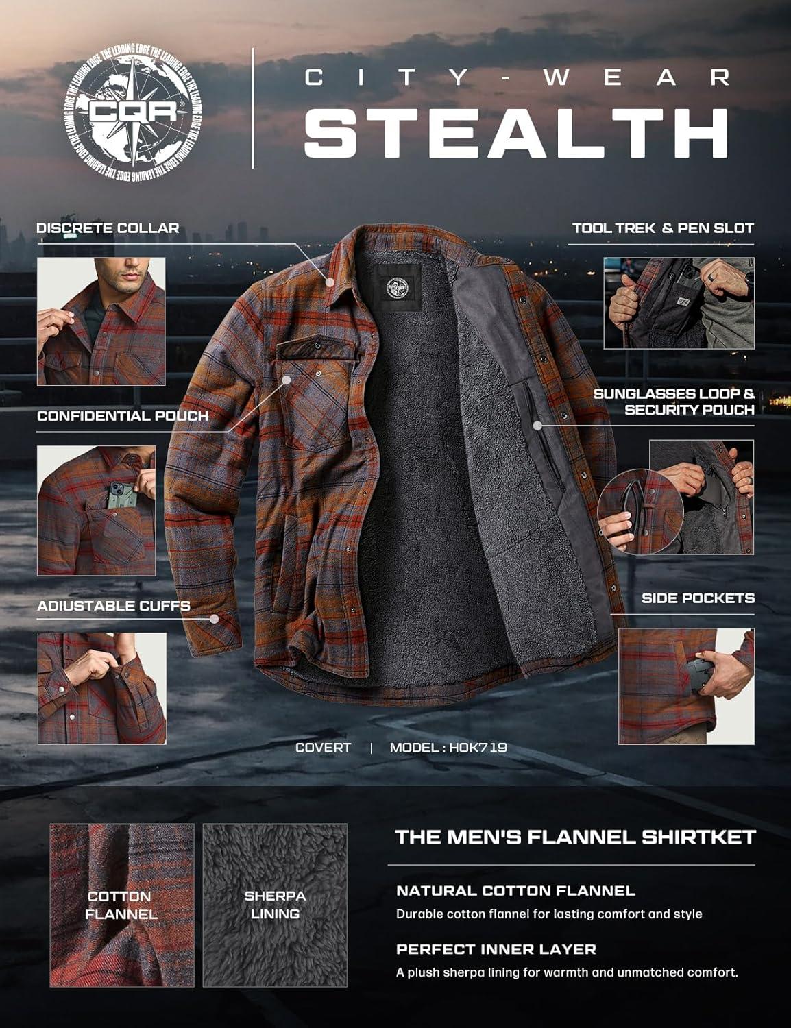imageCQR Mens Sherpa Lined Cotton Flannel Shirt Jacket Long Sleeve Warm Winter Outdoor Plaid Button Up Jacket Coat with PocketsStealth Harvest