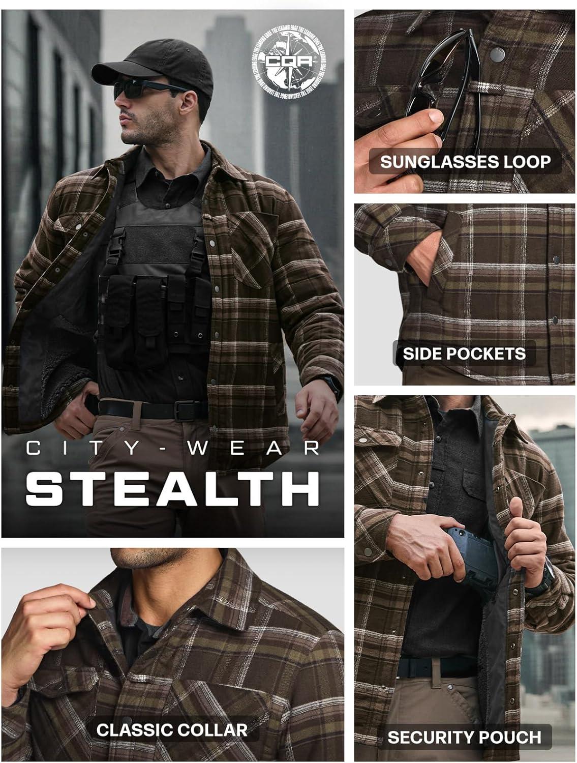 imageCQR Mens Sherpa Lined Cotton Flannel Shirt Jacket Long Sleeve Warm Winter Outdoor Plaid Button Up Jacket Coat with PocketsStealth Hickory Green