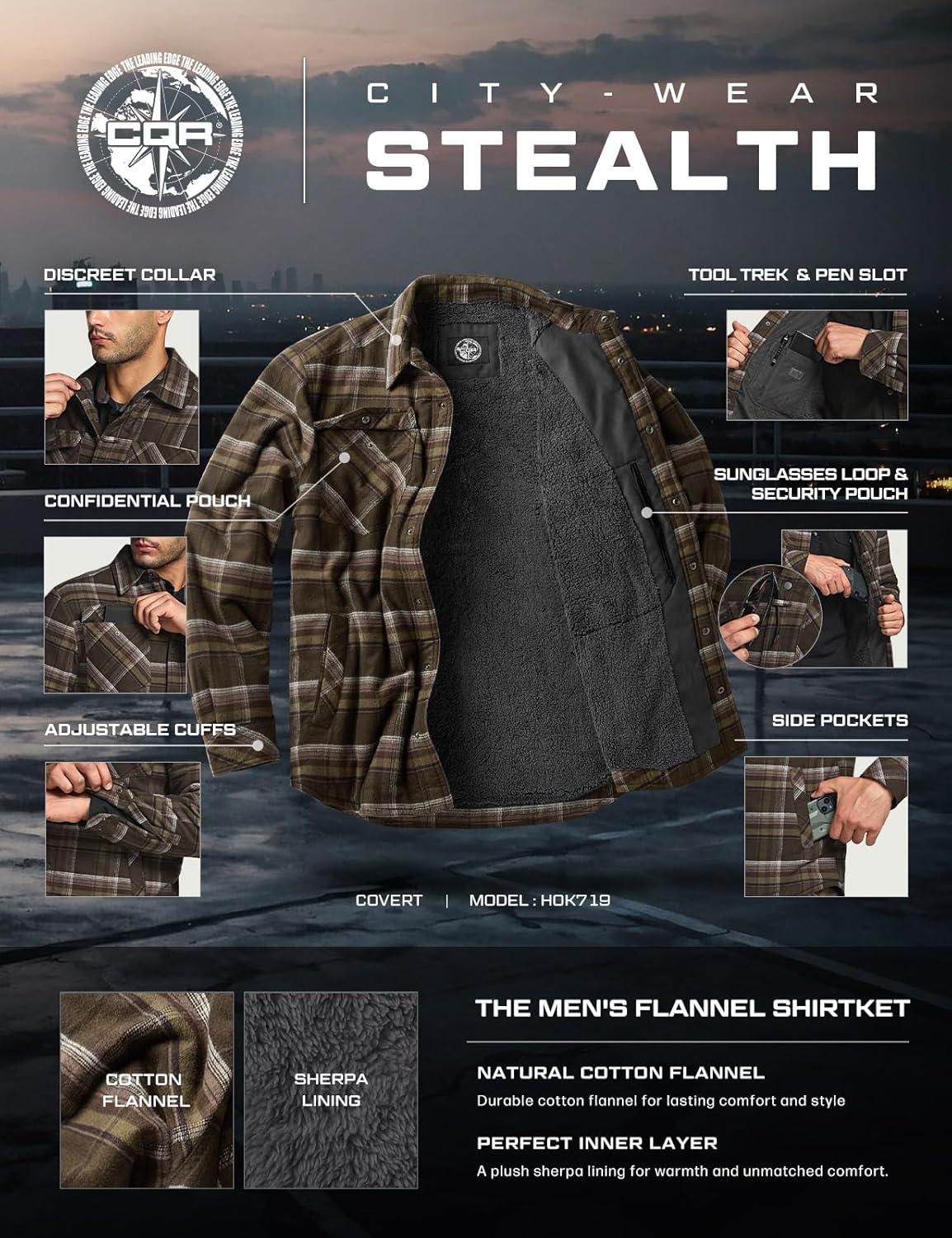 imageCQR Mens Sherpa Lined Cotton Flannel Shirt Jacket Long Sleeve Warm Winter Outdoor Plaid Button Up Jacket Coat with PocketsStealth Hickory Green