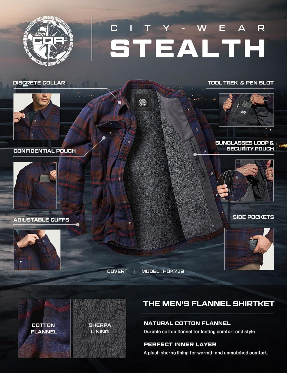 imageCQR Mens Sherpa Lined Cotton Flannel Shirt Jacket Long Sleeve Warm Winter Outdoor Plaid Button Up Jacket Coat with PocketsStealth Woods Night