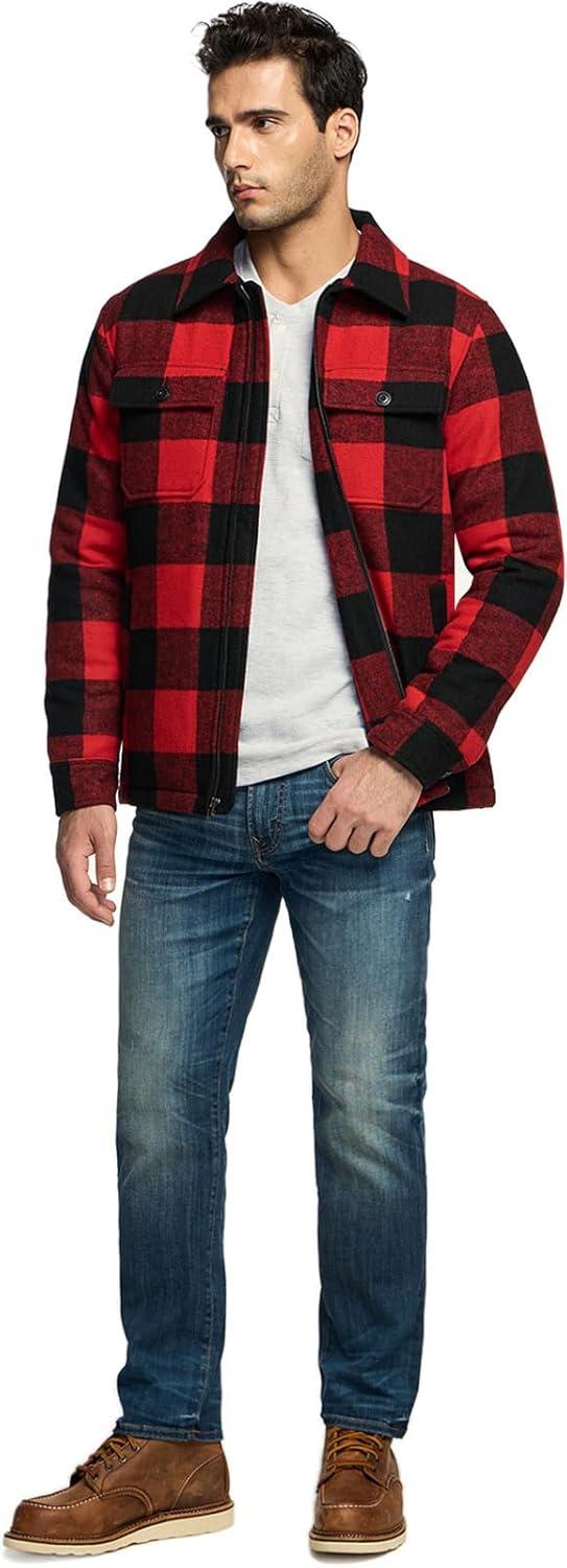 imageCQR Mens Sherpa Lined Cotton Flannel Shirt Jacket Long Sleeve Warm Winter Outdoor Plaid Button Up Jacket Coat with PocketsWool Jk Buffalo Red Plaid