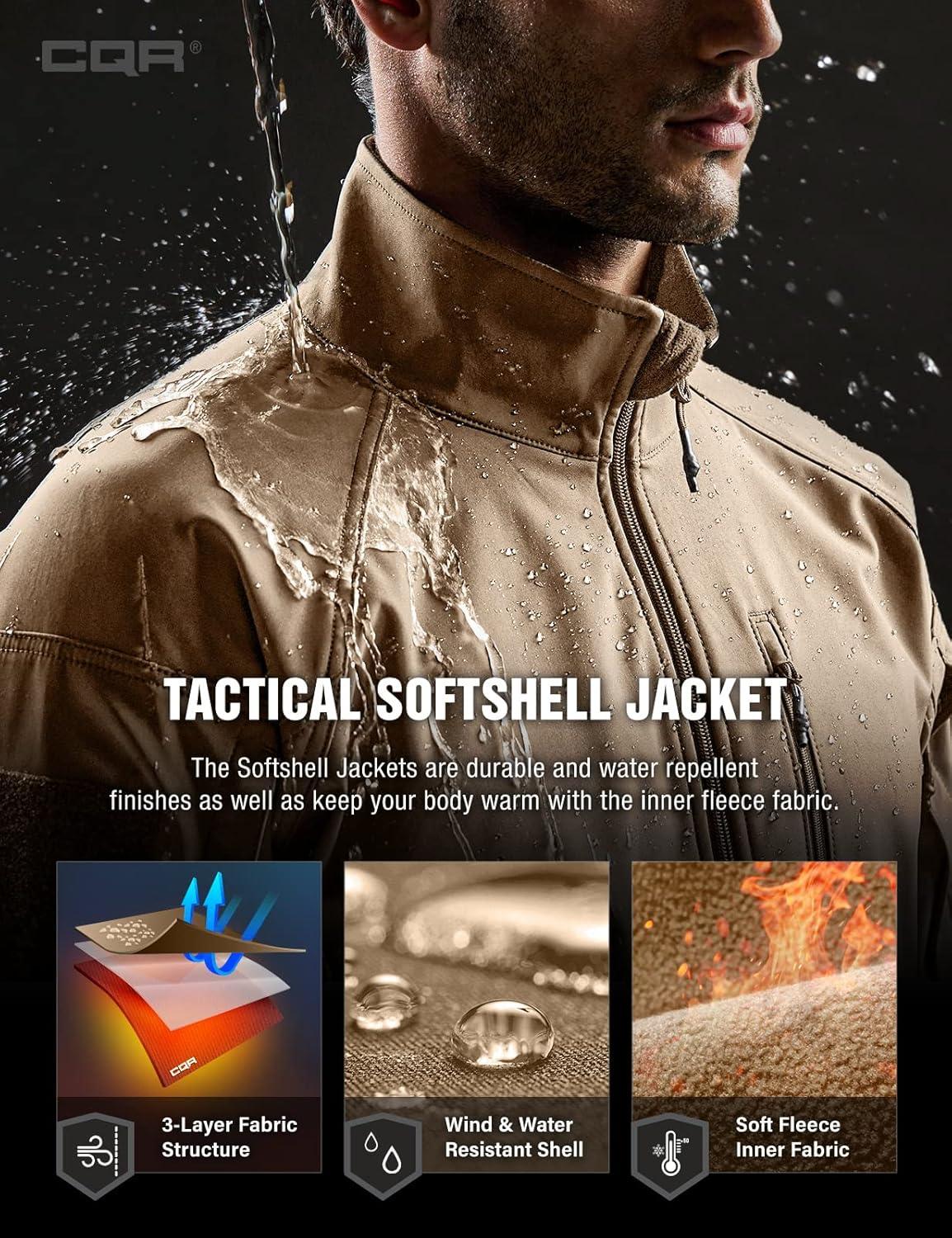 imageCQR Mens Water Resistant Tactical Softshell Jacket Fleece Lined High Neck Full Zip Wind Rain Hiking Hunting Winter OutdoorCovert Jacket Coyote