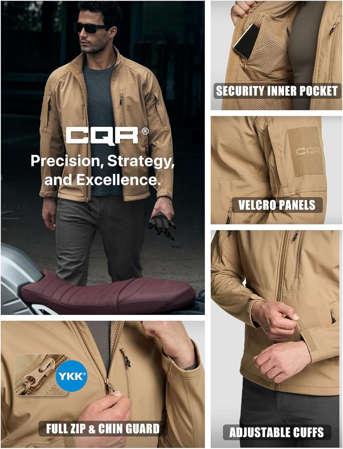 imageCQR Mens Water Resistant Tactical Softshell Jacket Fleece Lined High Neck Full Zip Wind Rain Hiking Hunting Winter OutdoorCovert Jacket Coyote