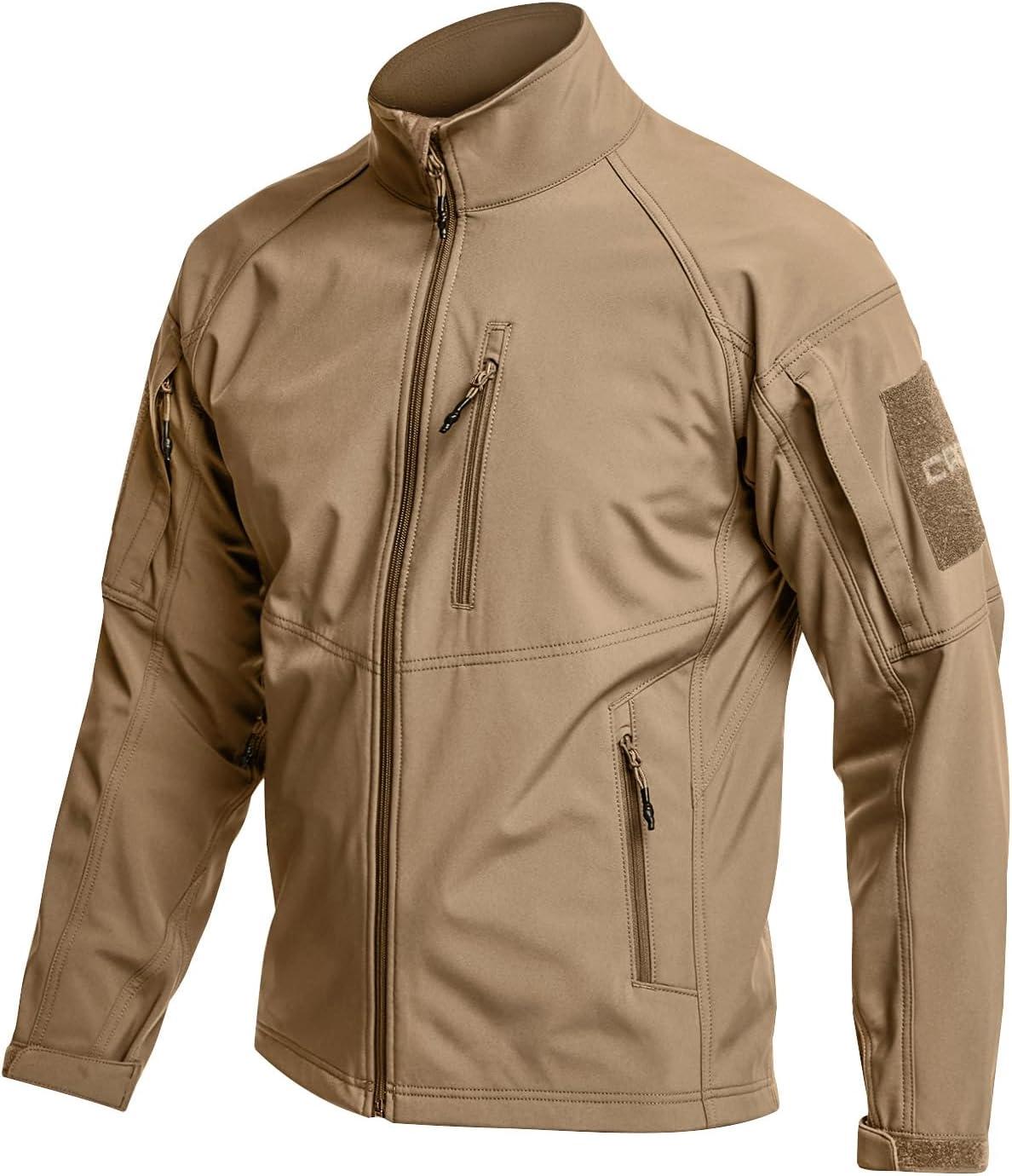 imageCQR Mens Water Resistant Tactical Softshell Jacket Fleece Lined High Neck Full Zip Wind Rain Hiking Hunting Winter OutdoorCovert Jacket Coyote