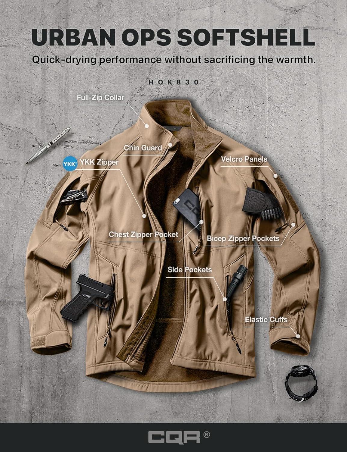 imageCQR Mens Water Resistant Tactical Softshell Jacket Fleece Lined High Neck Full Zip Wind Rain Hiking Hunting Winter OutdoorCovert Jacket Coyote