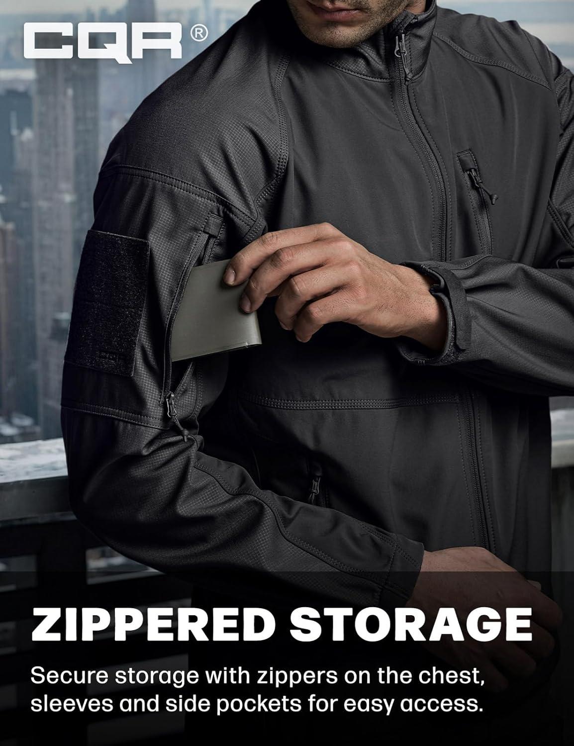 imageCQR Mens Water Resistant Tactical Softshell Jacket Fleece Lined High Neck Full Zip Wind Rain Hiking Hunting Winter OutdoorOperator X Black