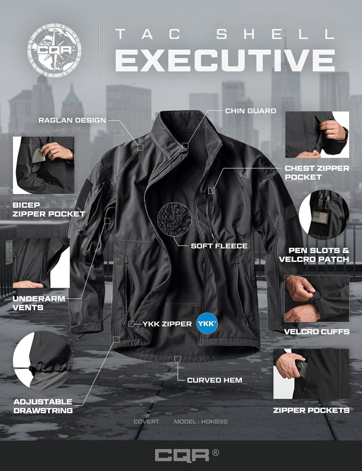 imageCQR Mens Water Resistant Tactical Softshell Jacket Fleece Lined High Neck Full Zip Wind Rain Hiking Hunting Winter OutdoorOperator X Black