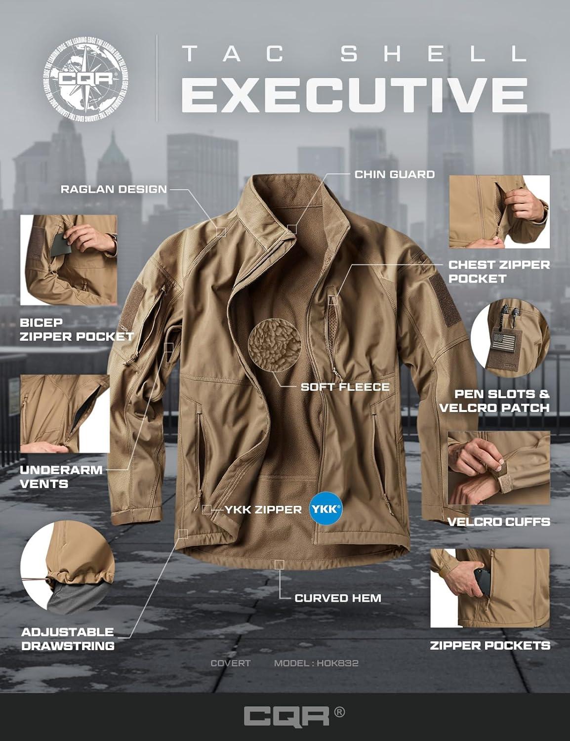 imageCQR Mens Water Resistant Tactical Softshell Jacket Fleece Lined High Neck Full Zip Wind Rain Hiking Hunting Winter OutdoorOperator X Coyote